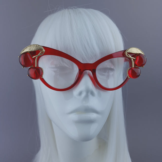 Pearls & Swine: Red Cherry Cateye Sunglasses with Clear or Prescription Lenses