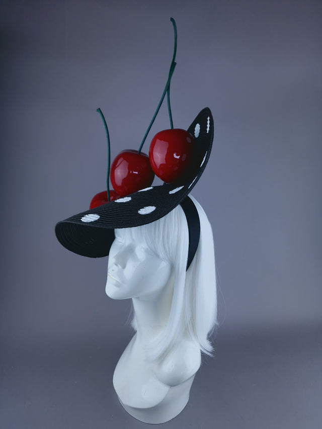 "Dottie" Black & White Polka Dot Giant Cherry Fascinator Hat