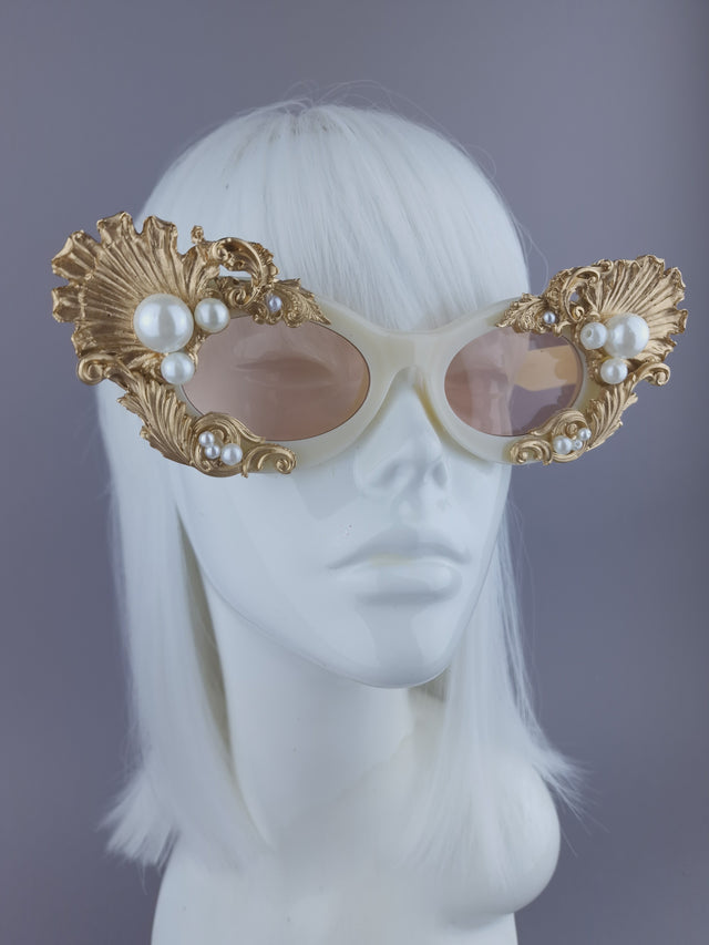 Pearls & Swine: Gold Shell, Filigree & Pearl Sunglasses "Coquillage"
