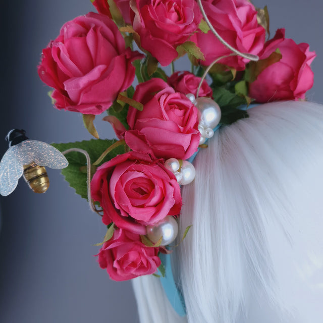 "Dainty" Dinosaur, Pearls & Pink Rose Headdress