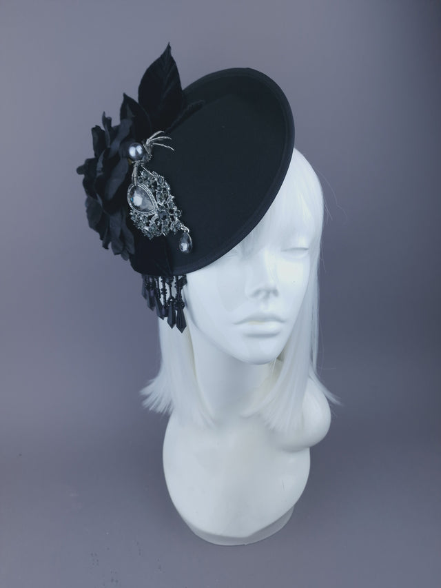 Pearls & Swine: Black Vintage-Inspired Hat with Rose, Spider & Jewel "June"