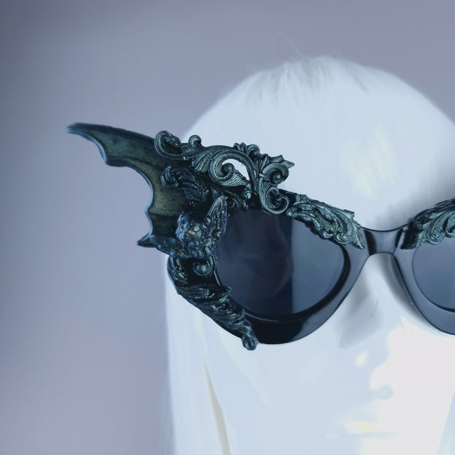 "Bathory" Iridescent Teal Filigree Ornate Bat Wing & Cherub Sunglasses