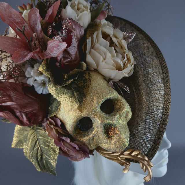"Asura" Skull & Flower Gold & Brown Fascinator Hat