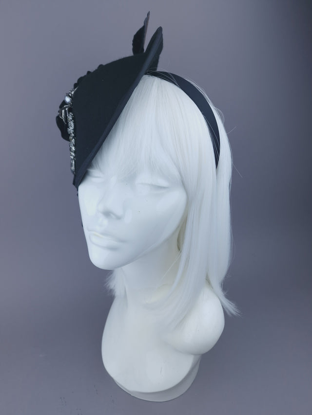Pearls & Swine: Black Vintage-Inspired Hat with Rose, Spider & Jewel "June"