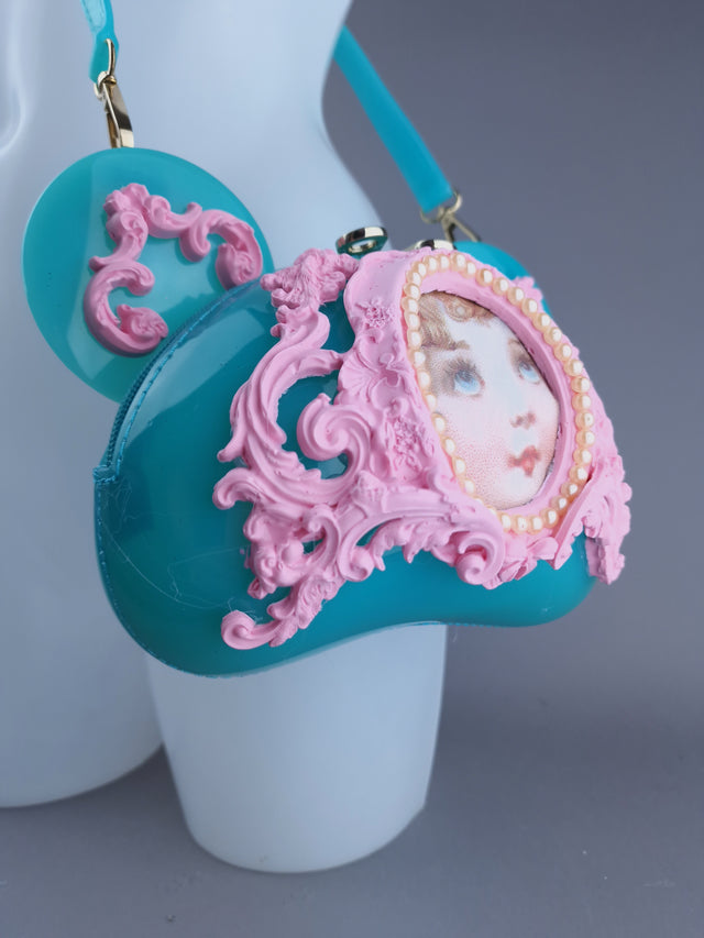 "Sweetpie" Teal Blue & Pink Filigree Teddy Shaped Handbag