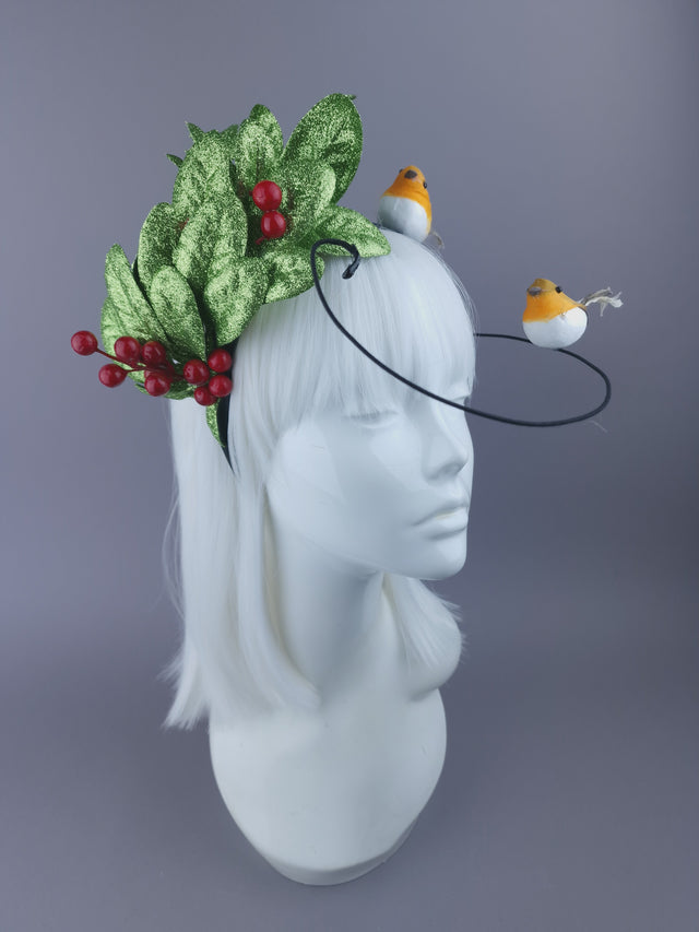 Pearls & Swine: Christmas Headdress with Glittered Leaves, Berries & Robins