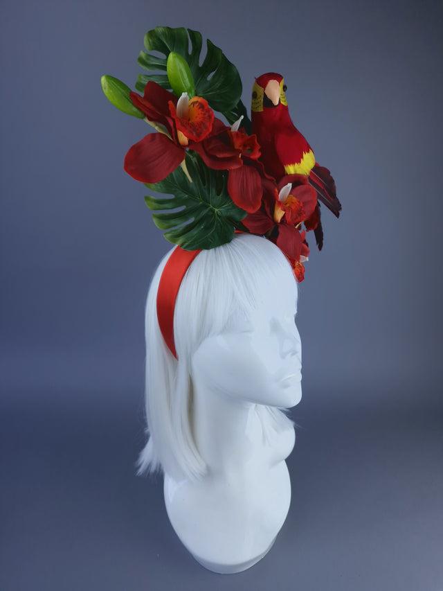 "Firdaus"Tropical Red Orchid, Leaf & Parrot Headdress