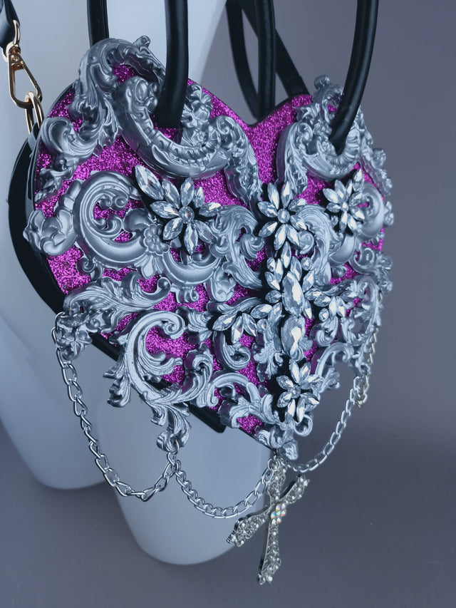 "Beltia" Silver Filigree & Pink Glitter Heart Shaped Handbag
