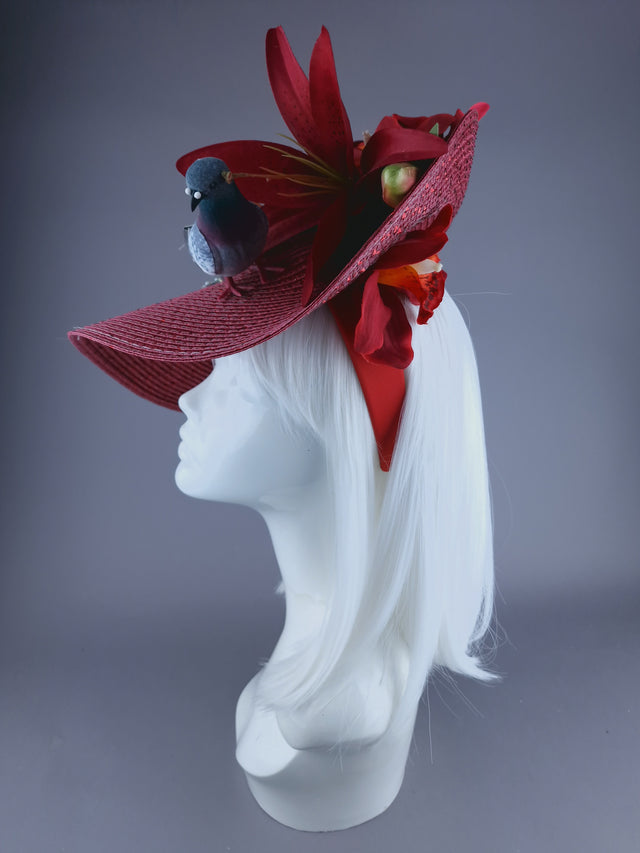 "Curses" Kitsch Glitter Pigeon Poop Red Fascinator Hat