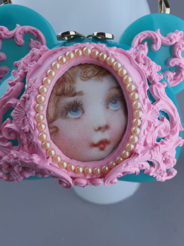 "Sweetpie" Teal Blue & Pink Filigree Teddy Shaped Handbag