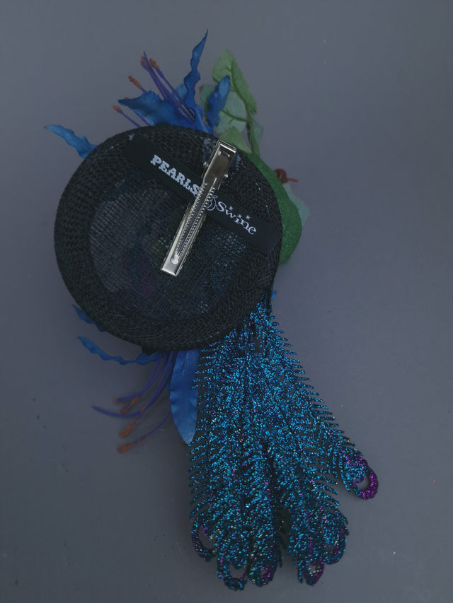 "Sumaru" Glittered Peacock & Flowers Mini Fascinator