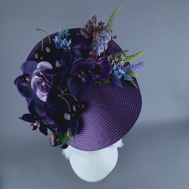 "Violet" Purple Orchid, Flowers & Cherry Fascinator Hat