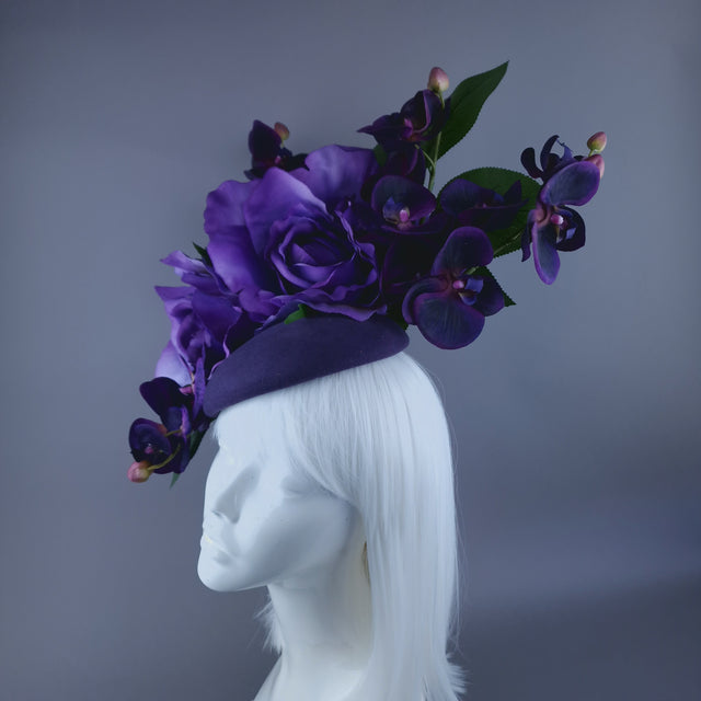 "Amoret" Purple Giant Rose & Orchid Fascinator Hat
