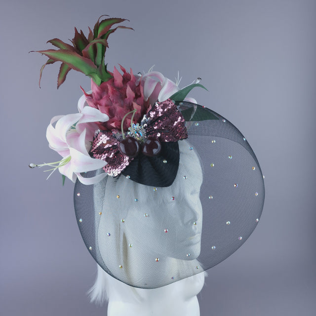 "Tuti" Pink Pineapple Flower Veil Fascinator