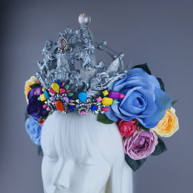 "Marie" Colourful Roses, Jewels & Silver Filigree Crown Headdress