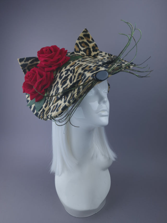 "Purrr" Leopard Print Cat & Rose Hat