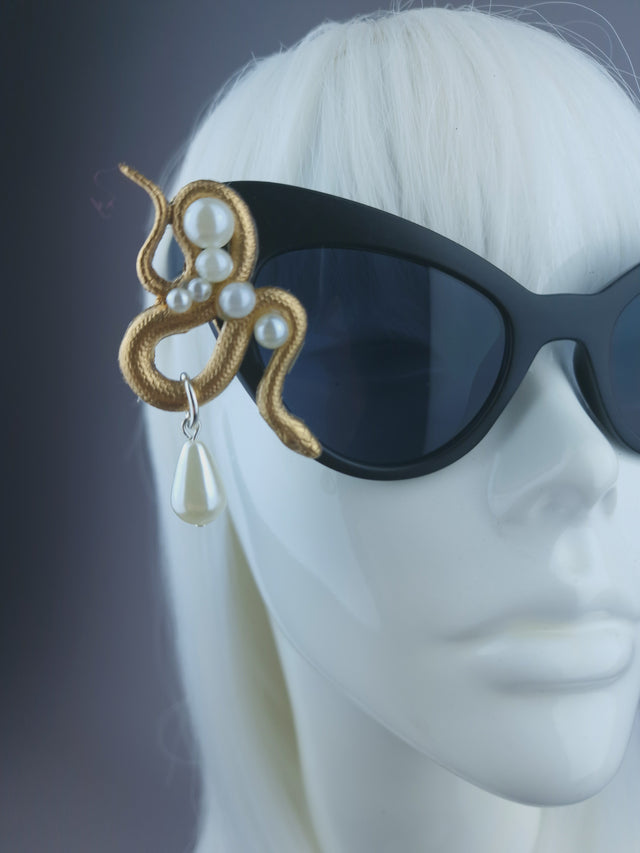 Pearls & Swine: Gold & Pearl Snake Black Sunglasses "Beguile"