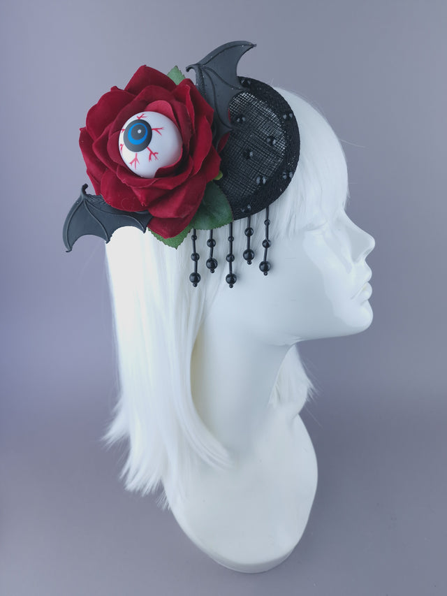"Demiana" Red Rose, Eyeballs, Bat Wing Mini Fascinator