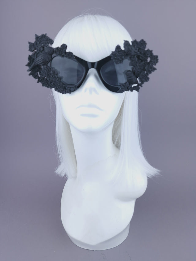 "Lilith" Black Bird & Flowers Filigree Catseye Sunglasses