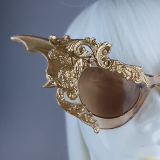 "Bathory" Gold Filigree Ornate Bat Wing & Cherub Sunglasses