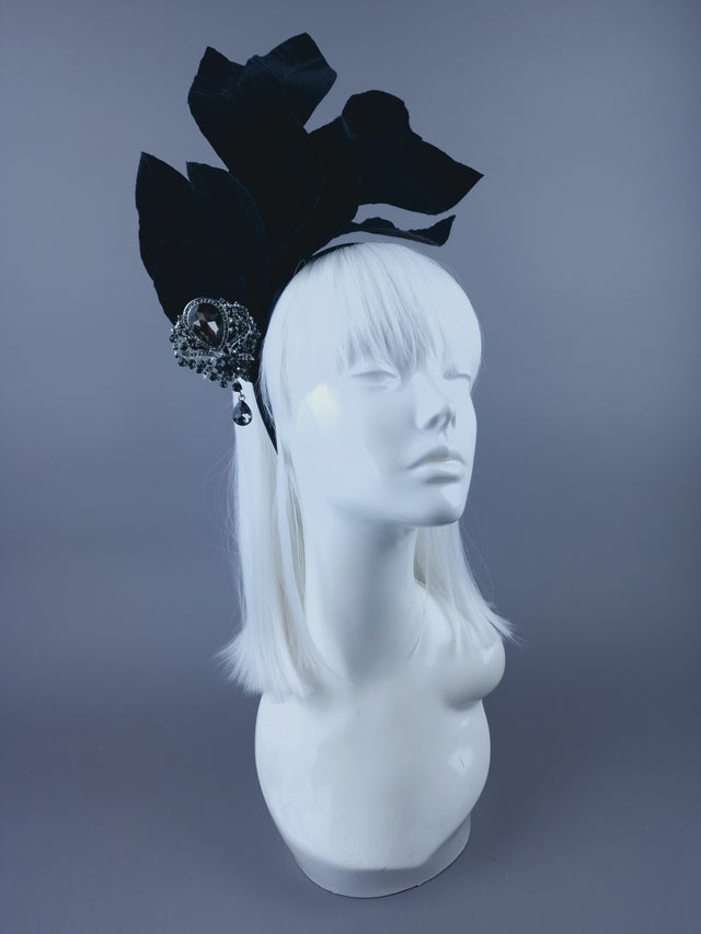 "Cristal" Black Velvet Leaf Headdress with Jewel