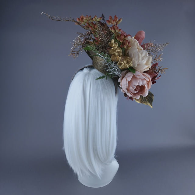 "Asura" Skull & Flower Gold & Brown Fascinator Hat