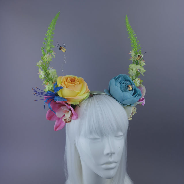 Pearls & Swine: Maximalist Floral Horn Headpiece with Bees "Fae"