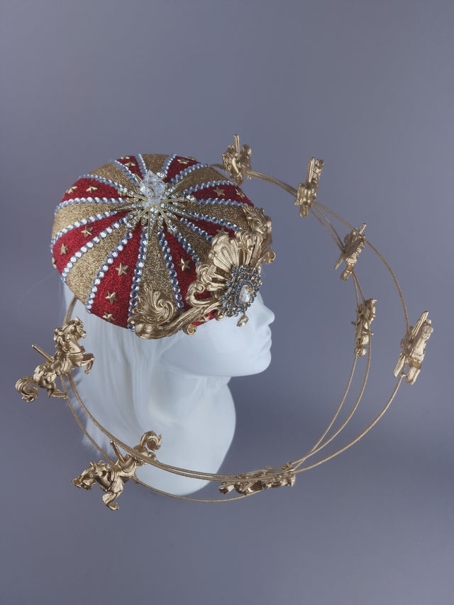 "Cirque Forever" Gold & Red Circus Carousel Wired Veil Hat