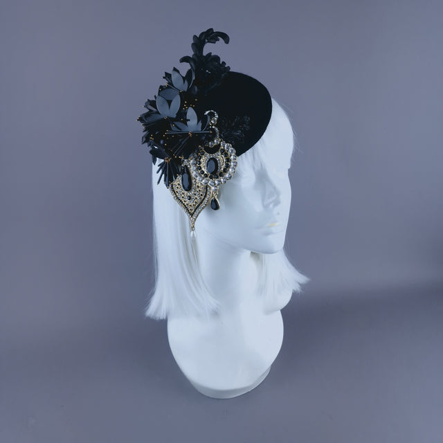 "Noir" Black Flower & Jewel Fascinator Hat