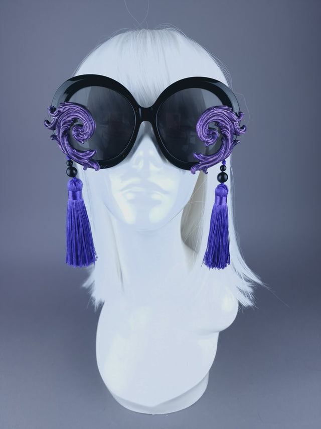 "Aradia" Black & Purple Filigree Tassel Oversized Round Sunglasses