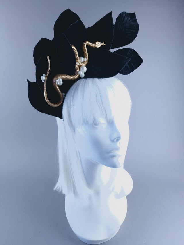 "Edenn" Black Velvet Leaf Gold Snake & Pearl Headdress