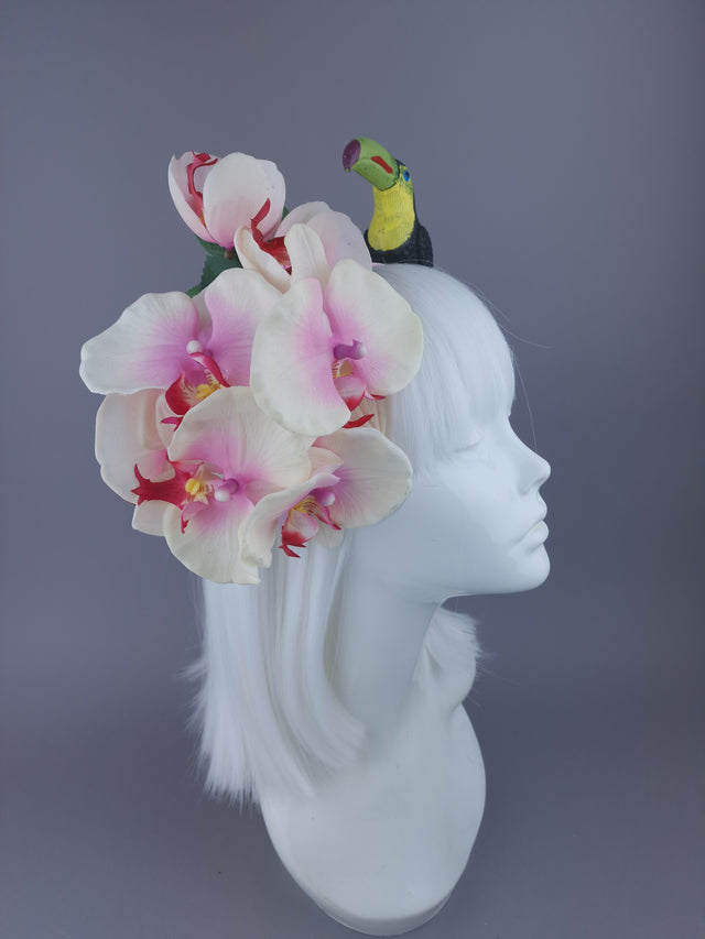 Pearls & Swine: Pink White Flower Headdress with Orchid & Toucan "Kibou"