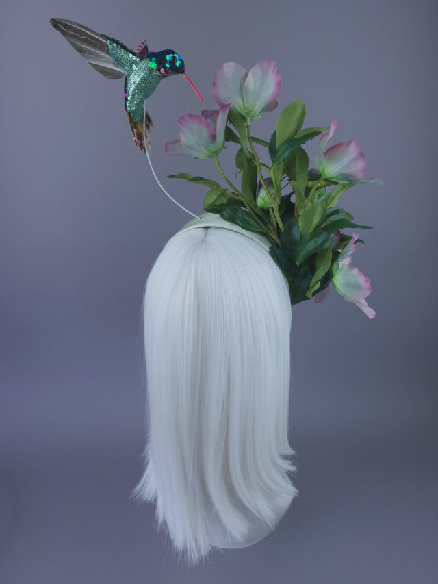 "Picotee" Purple & Green Hellebore Flowers & Hummingbird Headdress