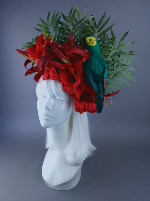 "Alamea" Tropical Red Flowers, Leaf & Parrot Headdress