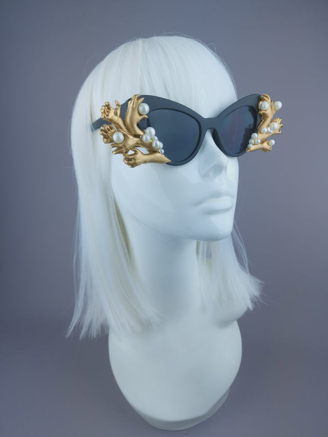 Pearls & Swine: Gold Hands & Pearl Black Sunglasses "Grip"