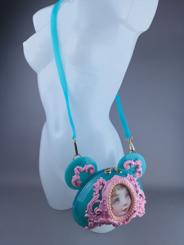 "Sweetpie" Teal Blue & Pink Filigree Teddy Shaped Handbag