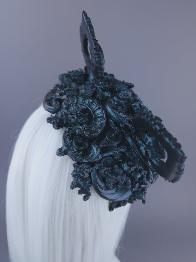 "Ruína" Teal Filigree Angel Cat Ear Fascinator Hat