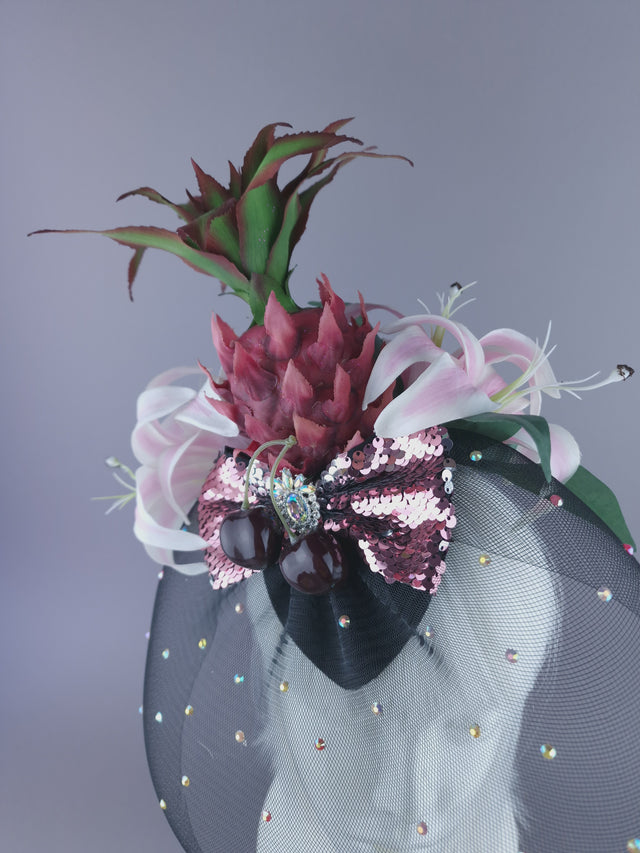"Tuti" Pink Pineapple Flower Veil Fascinator
