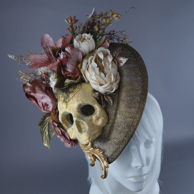 "Asura" Skull & Flower Gold & Brown Fascinator Hat