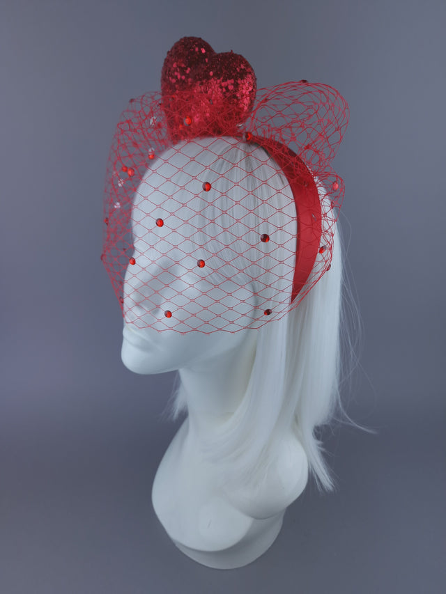 "Diletta" Red Glitter Heart Veil Headdress