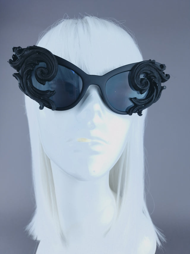 Pearls & Swine: Black Ornate Cat Eye Sunglasses with Filigree "Oriens"