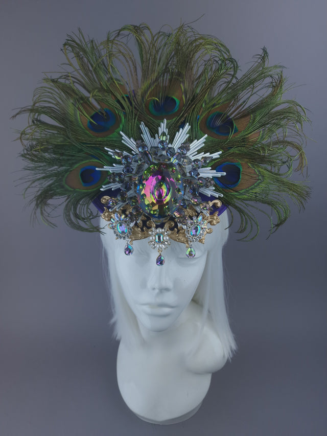 Pearls & Swine: Jewel & Peacock Feather Fascinator Hat "Nile"