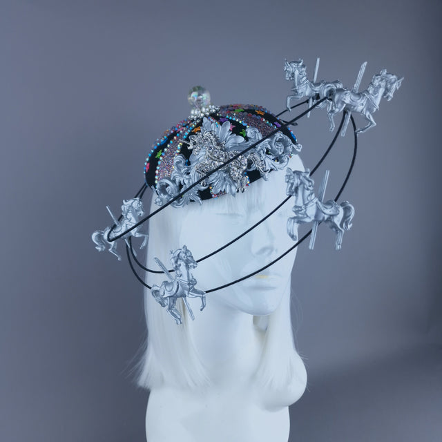 "Cirque Forever" Black, Silver & Colourful Circus Carousel Wired Veil Hat