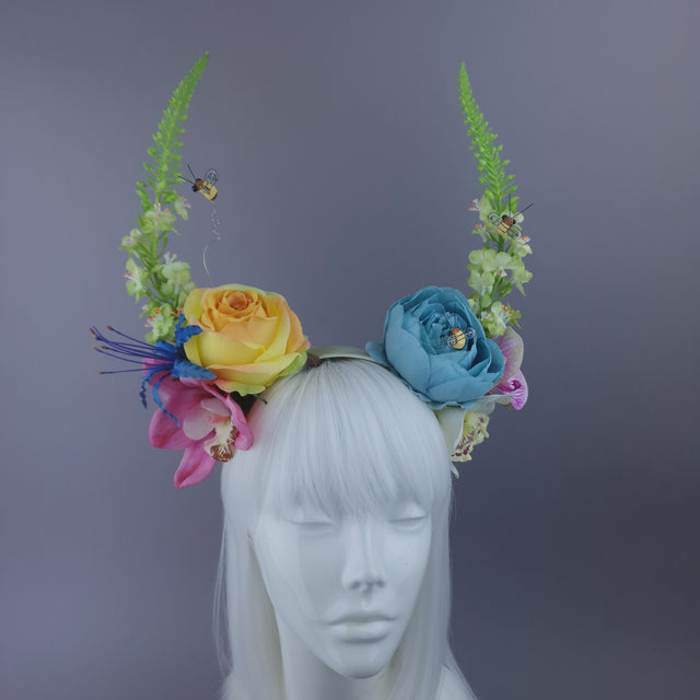Pearls & Swine: Maximalist Floral Horn Headpiece with Bees "Fae"
