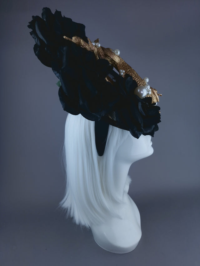 "Serpentt" Black Rose, Gold Snake & Pearl Fascinator Hat