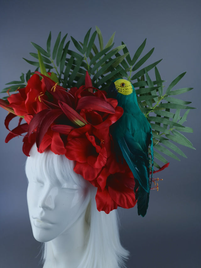 "Alamea" Tropical Red Flowers, Leaf & Parrot Headdress