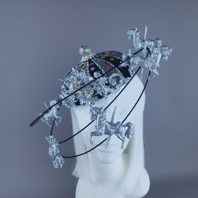 "Cirque Forever" Black, Silver & Colourful Circus Carousel Wired Veil Hat