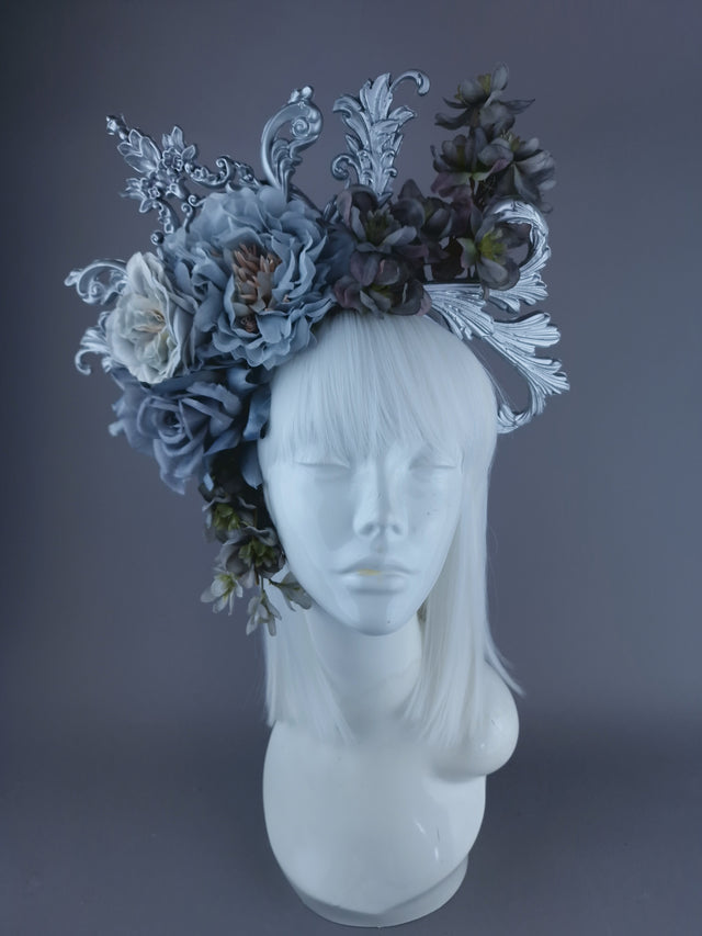 "Isis" Grey & Silver Filigree & Flower Headdress