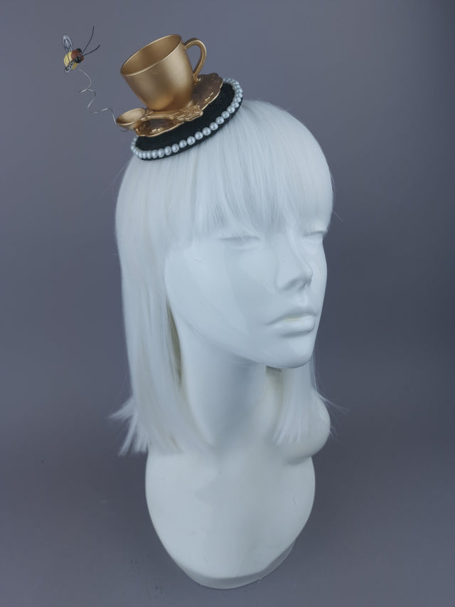 Pearls & Swine Gold Teacup & Bee Mini Fascinator "TeaTime"