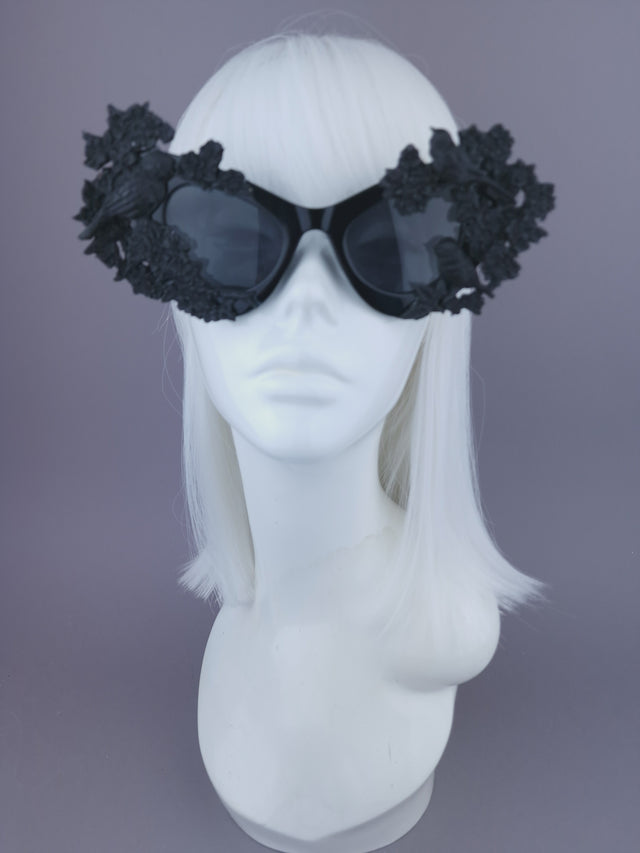 "Lilith" Black Bird & Flowers Filigree Catseye Sunglasses